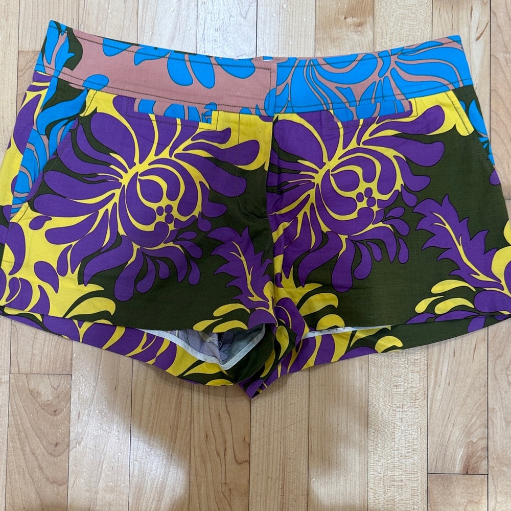 Tibi Purple and Yellow Floral Print Jean Shorts